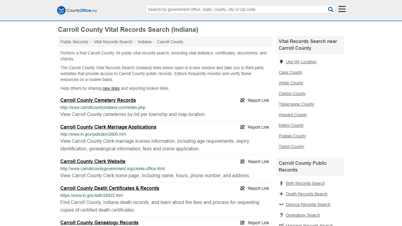 Carroll County Vital Records Search (Indiana) - County Office
